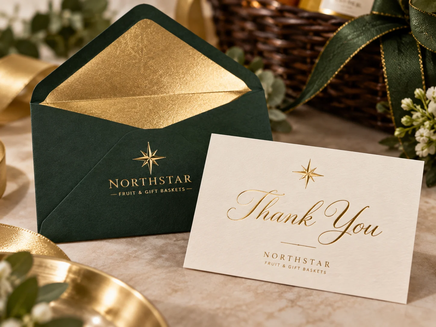 A cream Northstar Thank You card in gold-foil script beside an evergreen envelope with a gold-leaf liner.